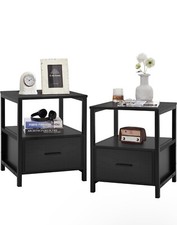 2-Pack Black Metal Frame Nightstands with Drawer & Shelf