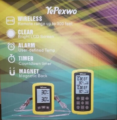 YePexwo Wireless Meat Thermometer, Alarm, Timer, Magnetic Back, Grill, Oven