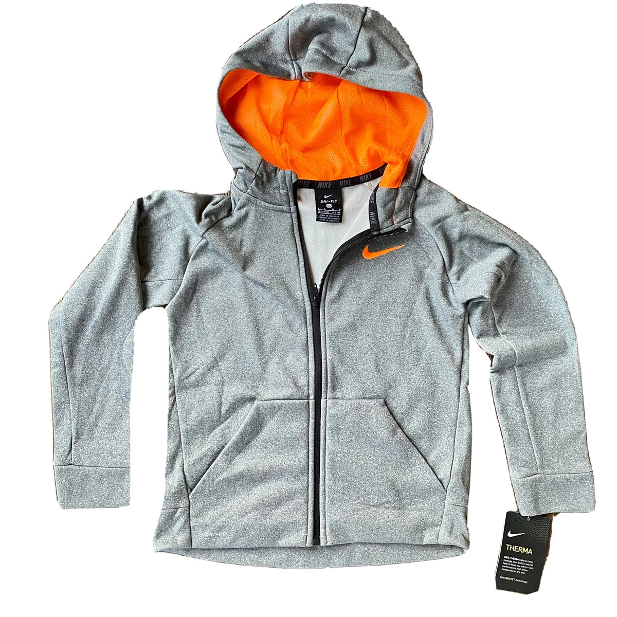 Nike Boys Therma Dri Fit Gray Orange Jacket Full Zip Hood Size 7