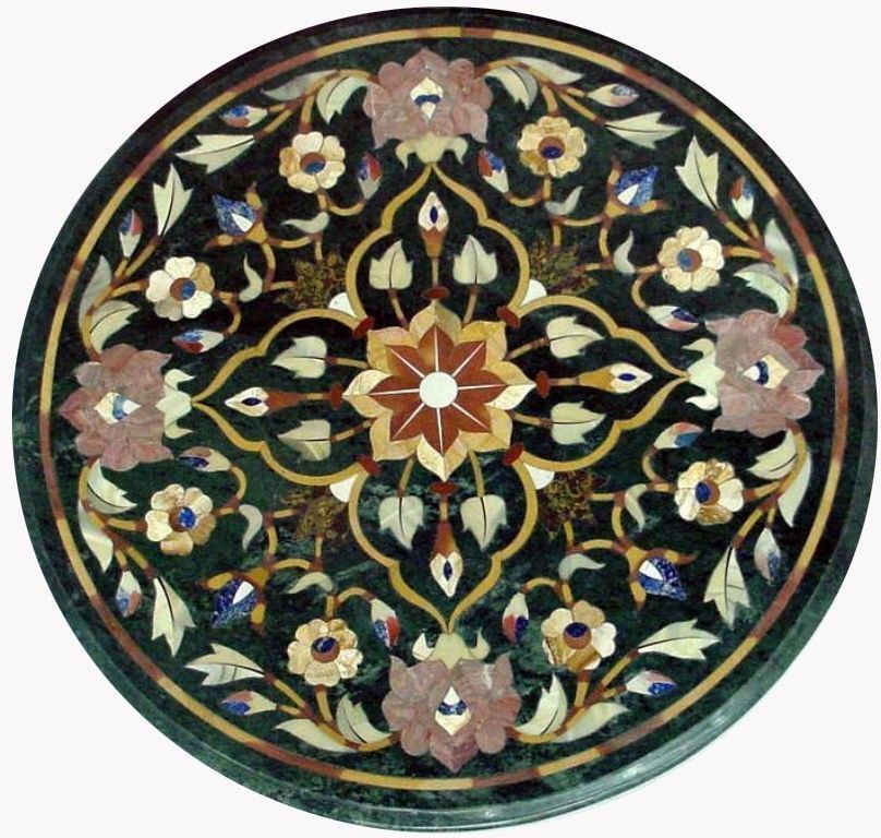 24-inch Green Marble Tabletop with Handmade Floral Semi-Precious Stone Art