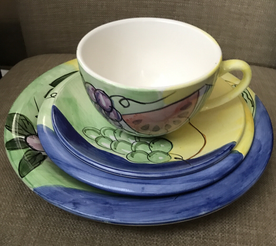EMERALD Stoneware Place Setting Handpainted Plates Cup Fruit Blue