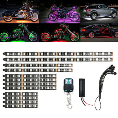 12Pcs Waterproof Motorcycle RGB 120LED Under Glow Lights Strip Neon Kit