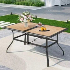 Phi Villa Outdoor Rectangle Dining Table with Steel Frame & Umbrella Hole, Black