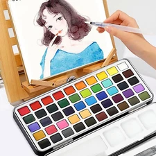 50 Colors Watercolor Paint Set with 2 Brushes, Travel Painting Art Supplies Gift