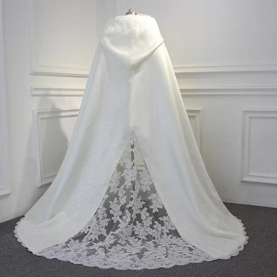 Capa de boda de encaje satinado blanco con envolturas con capucha chaqueta larga de iglesia nupcial Foto 2 de 4