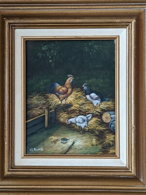Vintage Original Ölgemälde auf Leinwand signiert von H König Hühner im Scheunenhof