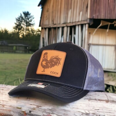 Rooster Cock Hat, Leather Pach Hat, Trucker Hat, Funny Hat, Farm
