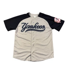 Vintage Majestic New York Yankees Baseball Jersey Kids Size 14 Gray Navy MLB
