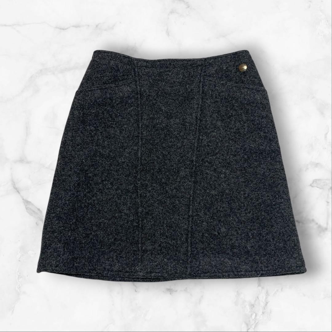 CHANEL Wool Skirt Coco Button Vintage Gray Size 38