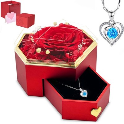 MOQRUAO Preserved Red Real Rose with Necklace Forever Flowers Diamond Shaped Box