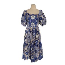 Vince Camuto Blue White Floral Tile Print Puff Sleeve Tiered Midi Dress NWT SZ 4