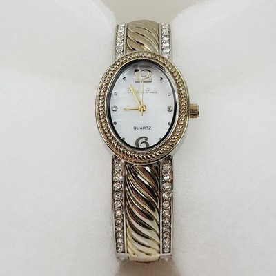 Peck & Peck  Two Tone Cuff Bangle Watch Pave Rhinestones Working MOP Face