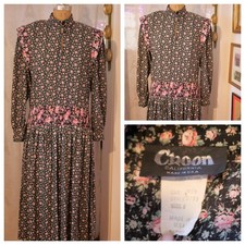 vtg 80s CHOON California Floral Full Pleated Ruched Elastic Waist Dress USA 8