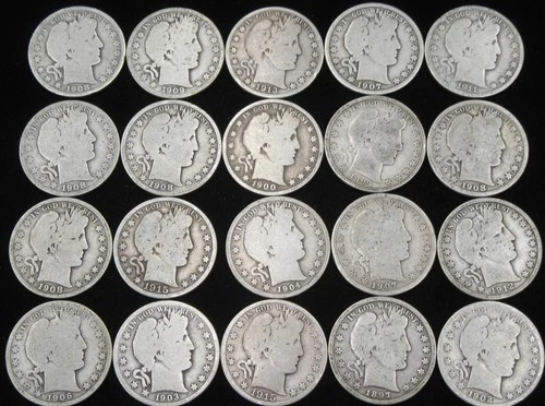 20 90% SILVER COINS US BARBER HALF DOLLAR COLLECTION ROLL $10 FACE NO RESERVE NR