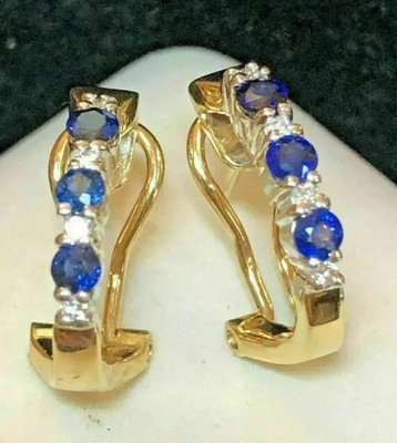 Women's Lab-Created 2Ct Round Blue Sapphire Hoop Earring 14k Yellow Gold Plated