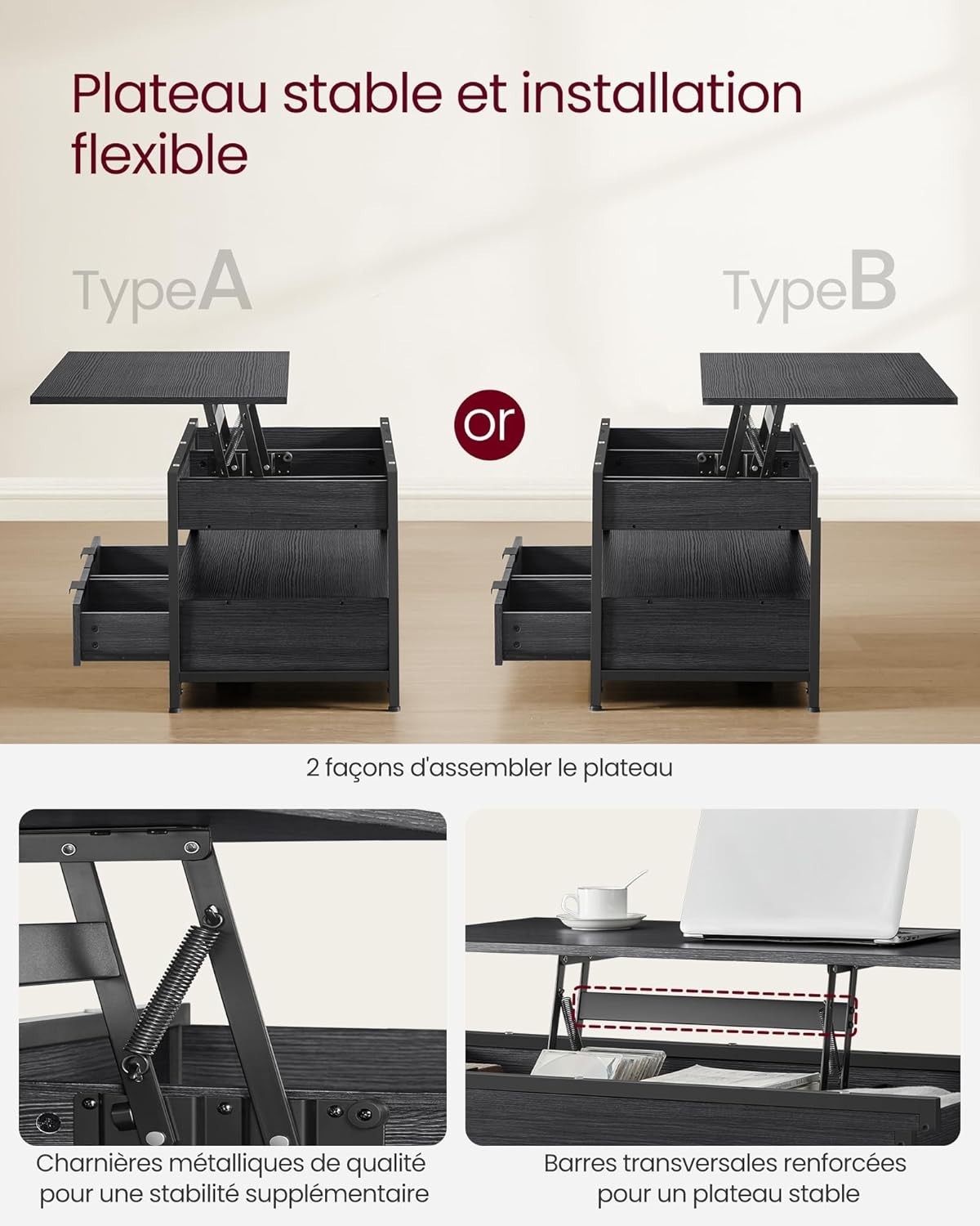 Table basse relevable avec rangements style industriel pour vos soirées télé - 2