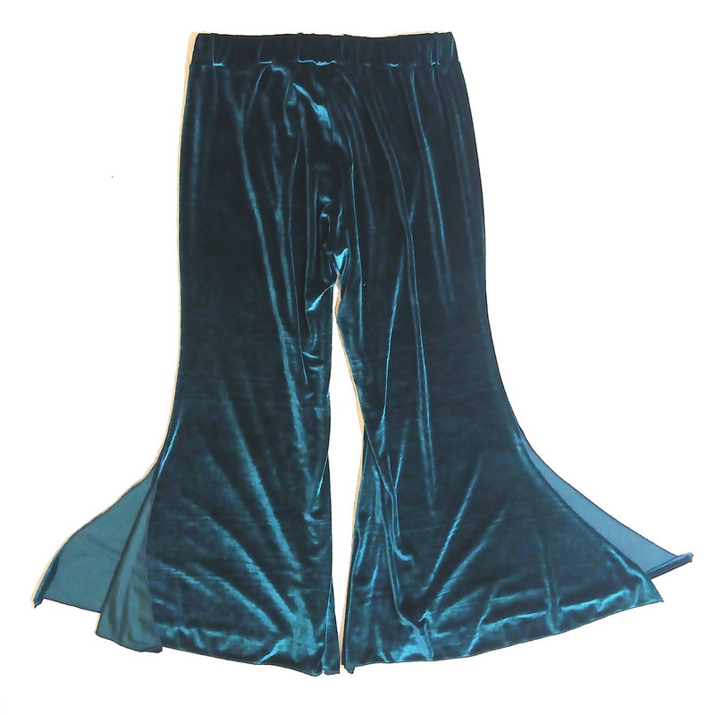 Teal Crushed Velvet Flare Pants Bell Bottoms Sheer Side Panels Stretch Waist