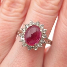 925 Sterling Silver Vintage Lab-Created Ruby Rhinestone Bohemian Ring Size 9.25