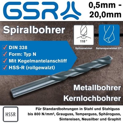 GSR Spiralbohrer 0,5mm - 20,0mm HSS-R Kernlochbohrer Metallbohrer Qualitätware!