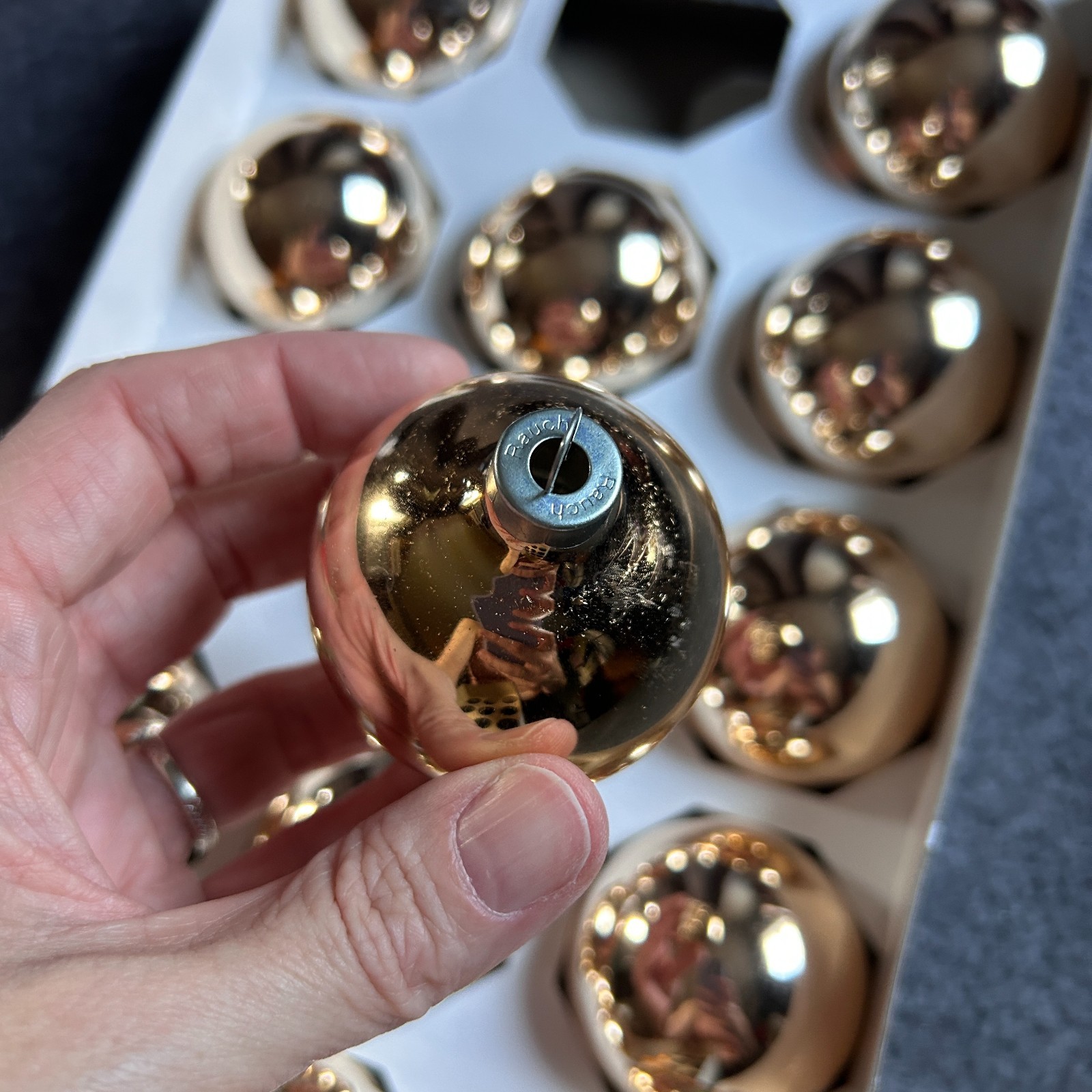 VTG Rauch Box of 15 Gold Ball Glass Bulb Christmas Ornaments Made in USA Kmart