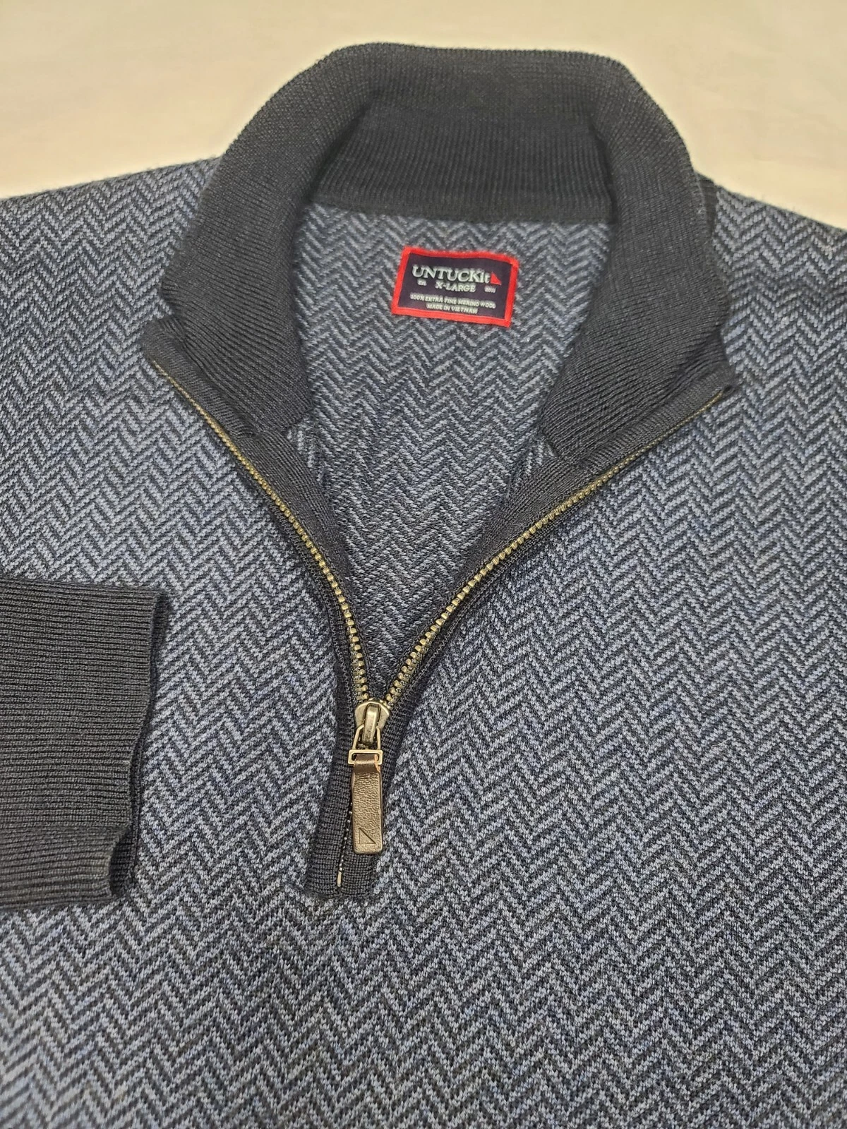 UNTUCKit Men Belguardo Herringbone Merino Wool 1/4 Zip Sweater Blue XL