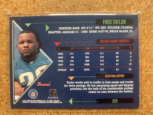 1998 FRED TAYLOR BOWMAN SCOUTS CHOICE ROOKIE CARD #SC9 - Picture 2 of 2