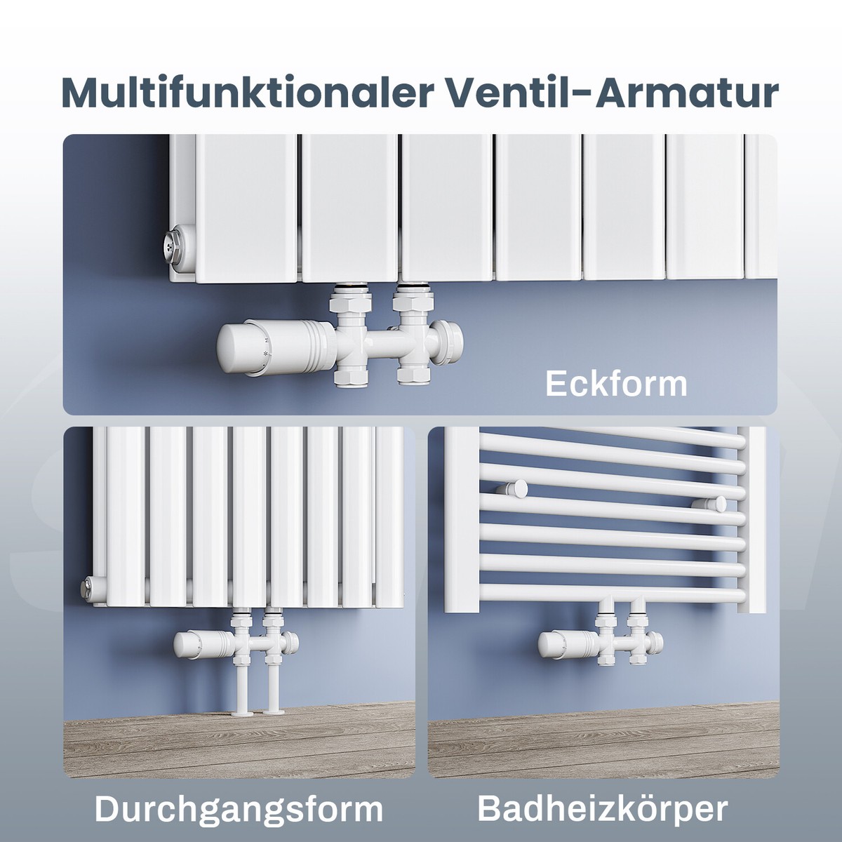 Hahnblock Heizkörper Set – Mittelanschluss 50 Mm, Eckform, Inkl. Thermostatkopf, Für Badheizkörper