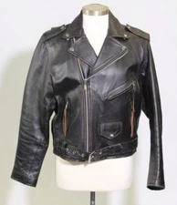 Vintage Leather Men Black Leather Biker Jacket with Fringe Zipper Pulls