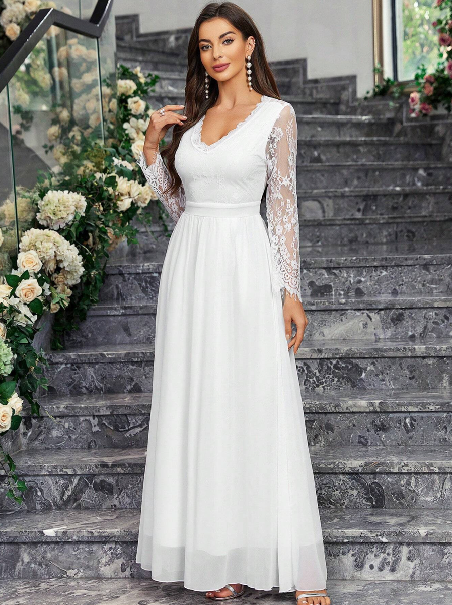 Vestido Blanco Largo Para Mujer de Novia Boda Quinces Damas de Honor de  Encaje - Main Image