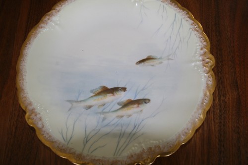 3 Antique Ovington Bros New York Hand Painted Limoges Porcelain Fish Plates - Picture 9 of 11