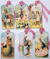 6 Easter Handmade Vintage Linen Cardstock Gift Tags Parties Crafts Journal