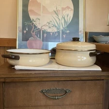 Vintage Cream Enamel Lidded Double Handle Cooking Pot Chateau GHC Cookware VGC