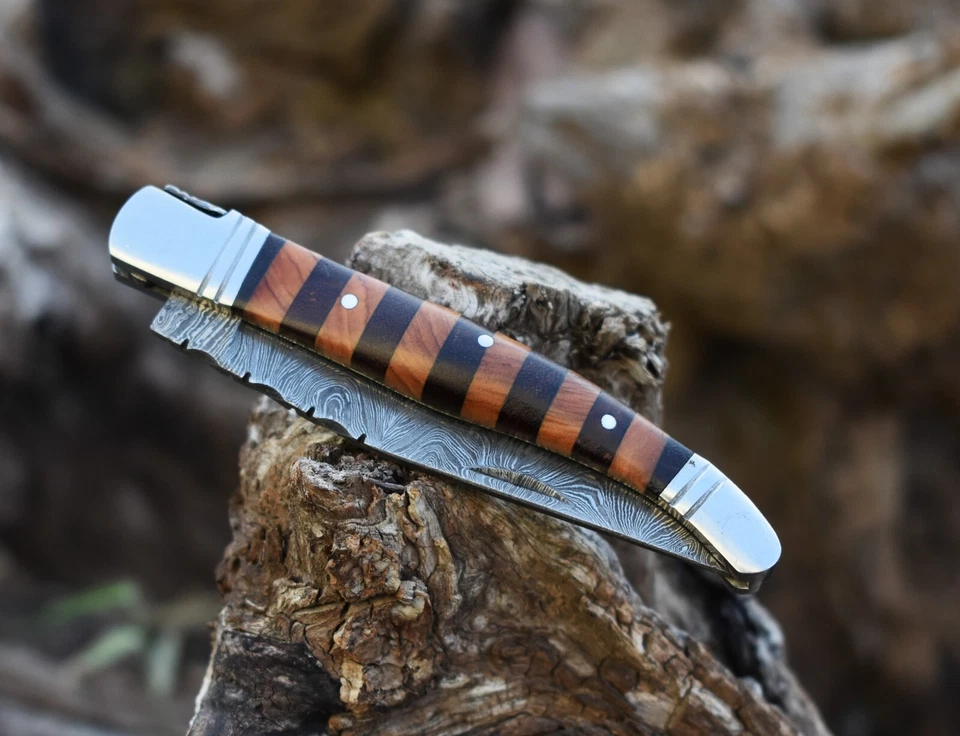 Damasco Cuchillo Plegable Hecho a Mano Cuchillo de Bolsillo Camping Cuchillo de Caza con Bolsa Foto 3 de 4