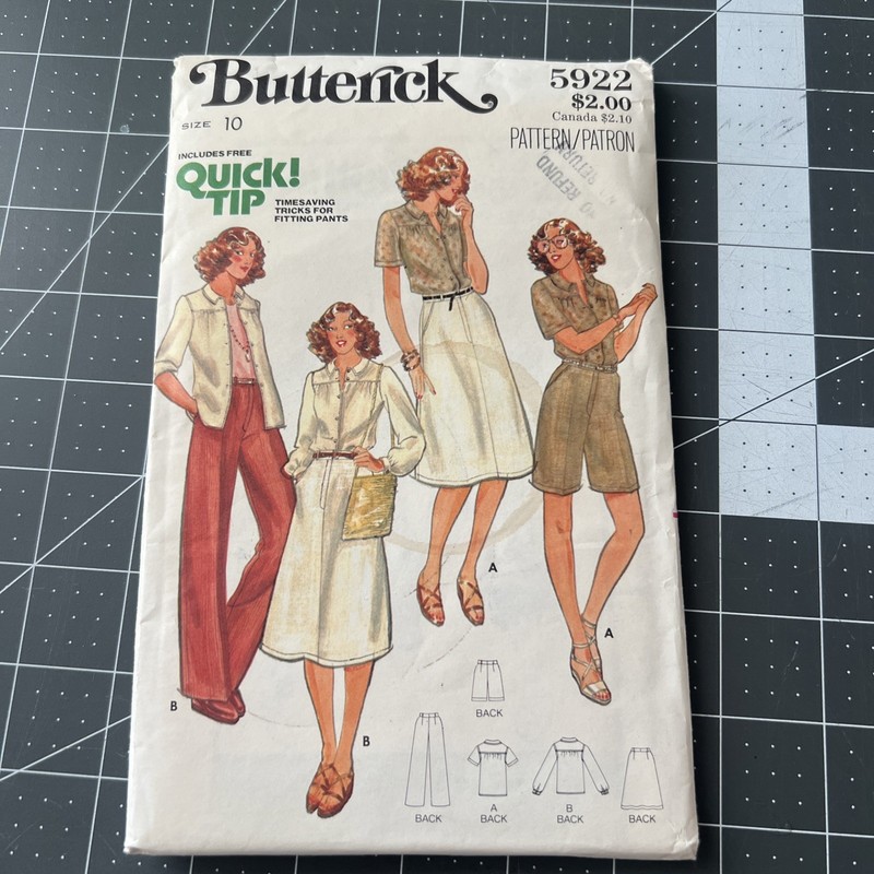 Butterick Sewing Pattern Vintage Size 10 Pant Short Blouse And Skirt 