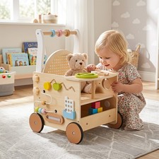 Wooden Baby Walker, 13-In-1 Toddler Push Walker w/ Wheels Storage for Boys Girls