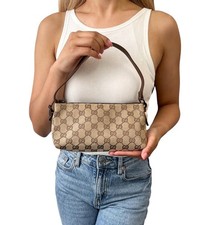 GUCCI Vintage GG Monogram Shoulder Bag Pochette Beige Brown Leather 902034