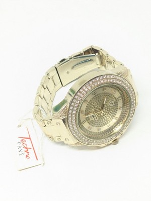 Gold Tone Metal Case Spin Dial Techno Pave Men's Watch w Crystals Rhinestones 