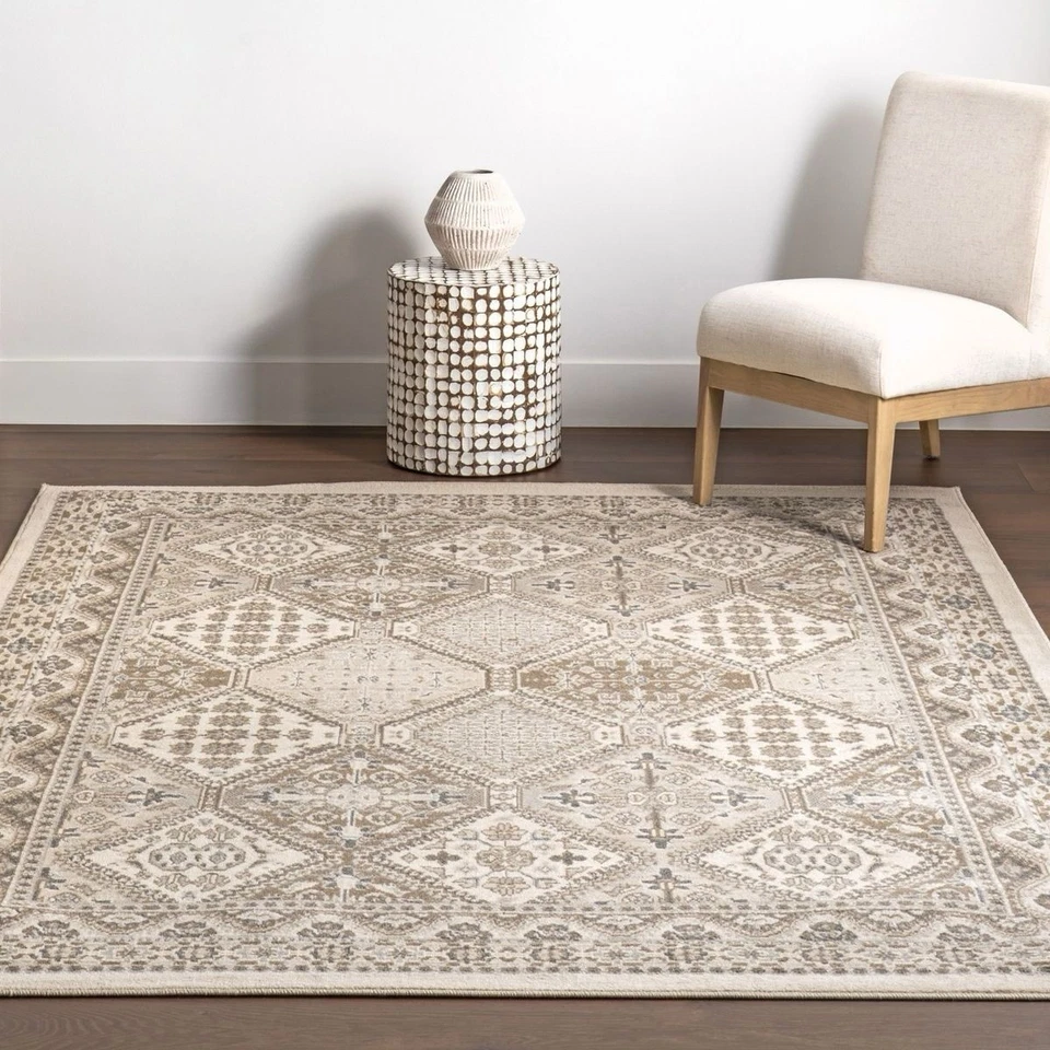 8’ Round Becca Traditional Tiled Area Rug, Taupe, Faded Transitional Design, - Image 4 of 4