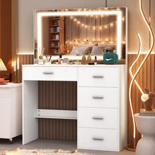 Vanity Makeup Table Set Dressing Desk With LED Lighted Mirror + 5 Drawers US