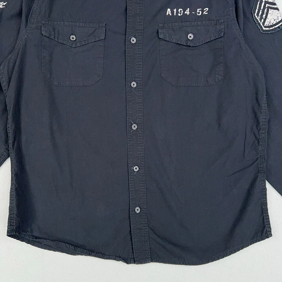 Camisa MMA Elite Para Hombres Grande Negra Gráfica Abotonada Militar Edgy Y2K Cyber Goth Foto 3 de 4