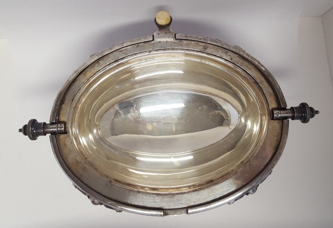 James Dixon & Sons Antique Serving Dish England EP Ram Head Feet Swivel Dome Top