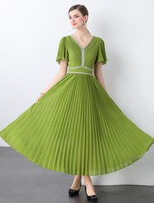 French Summer Womens Short Sleeved Dress Long Dress V-neck Slimming Party Dress