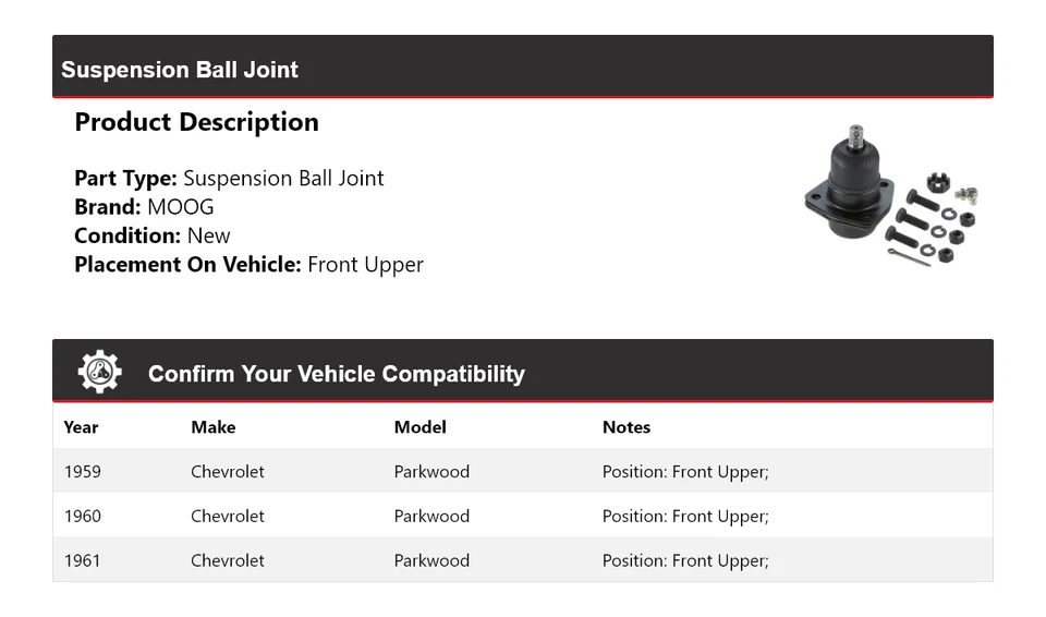 Rótula de suspensión delantera superior MOOG 1959-1961 Chevrolet Parkwood 1959 Foto 2 de 4