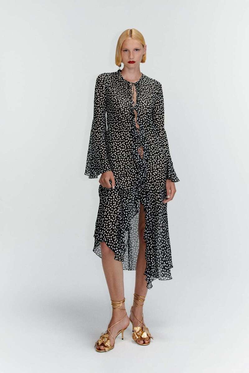 ZARA NEW WOMAN FLOWING POLKA DOT KIMONO FLARED DRESS BLACK ZARA NEW WOMAN FLOWING POLKA DOT KIMONO FLARED DRESS BLACK