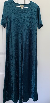 Vintage 1980-90s Teddi Crushed Velvet Empire Waist S/S Modest Dress Small Green