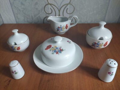 Set porcelain oiler, milkman, gravy boat, mustard, pepper salt shaker, KAHLA GDR