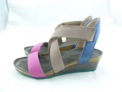 NAOT VEXIN USED 36 L MULTI COLOR OPEN TOE STRAPPY CORK/LEATHER  WEDGES/SANDALS