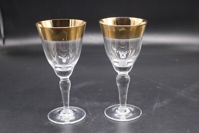 Vintage Gold Rimmed 6.5'' Crystal Wine Glasses-Hand Blown-Set of 2