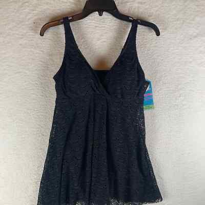 Swim Solutions Women's Tummy Control Flyaway Black V-Neck Swimdress Size 12 NWT