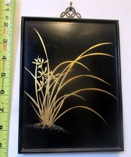 VIETNAM Artist Signed THANH LE LACQUER Ptg Gold GRASS LILY Wood Frame